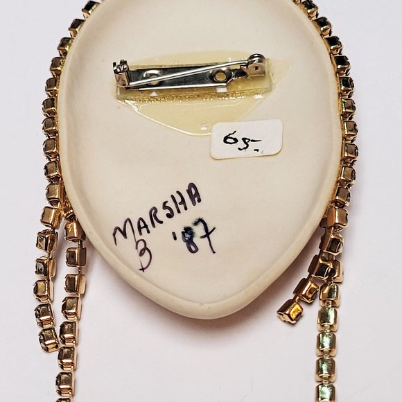 Vintage '87 Art Deco FLAPPER FACE HEADDRESS Porcelain Rhinestone Brooch Signed - Picture 5 of 9